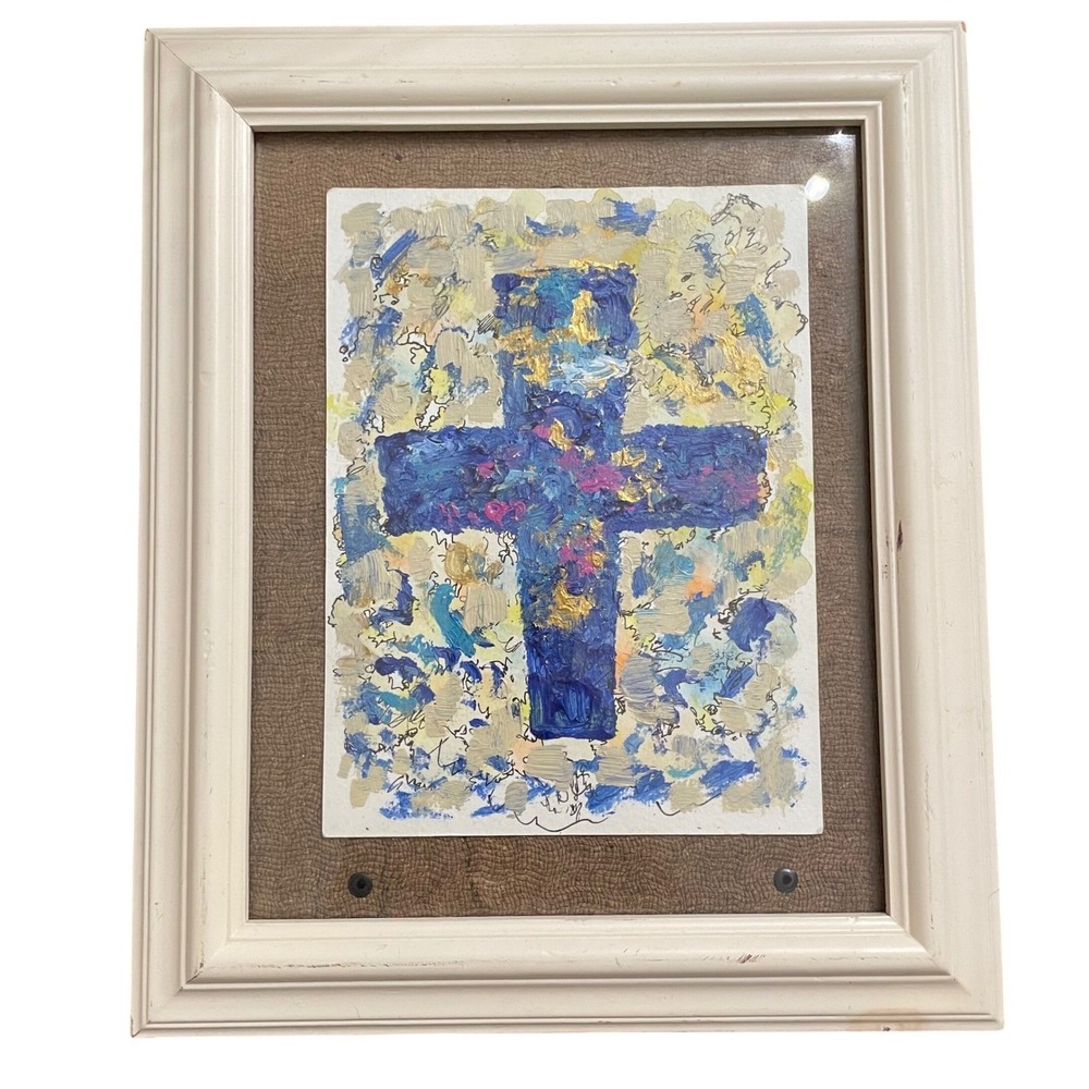 Oman Hosea Original Painting Framed Abstract Blue Cross Religious Wall Art